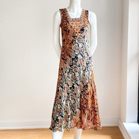 Vintage Bias Cut Paisley  Print Midi Dress w Beaded Detail S - Picture 2 of 10